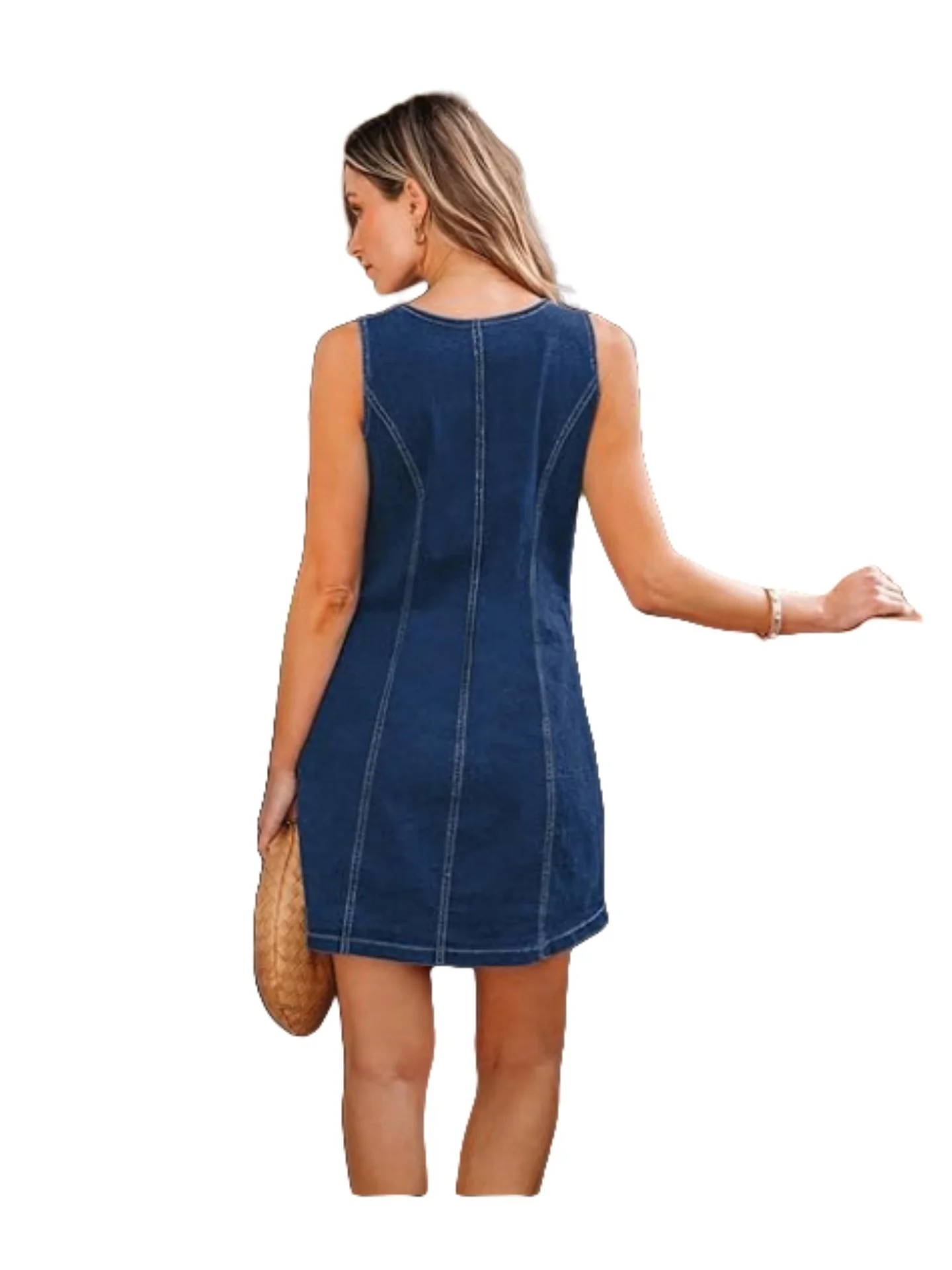 Sleeveless, Fitted Denim Button-down Short Dress With Patch Pockets - Image 2