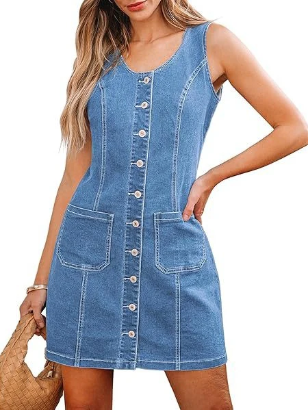 Sleeveless, Fitted Denim Button-down Short Dress With Patch Pockets - Image 4