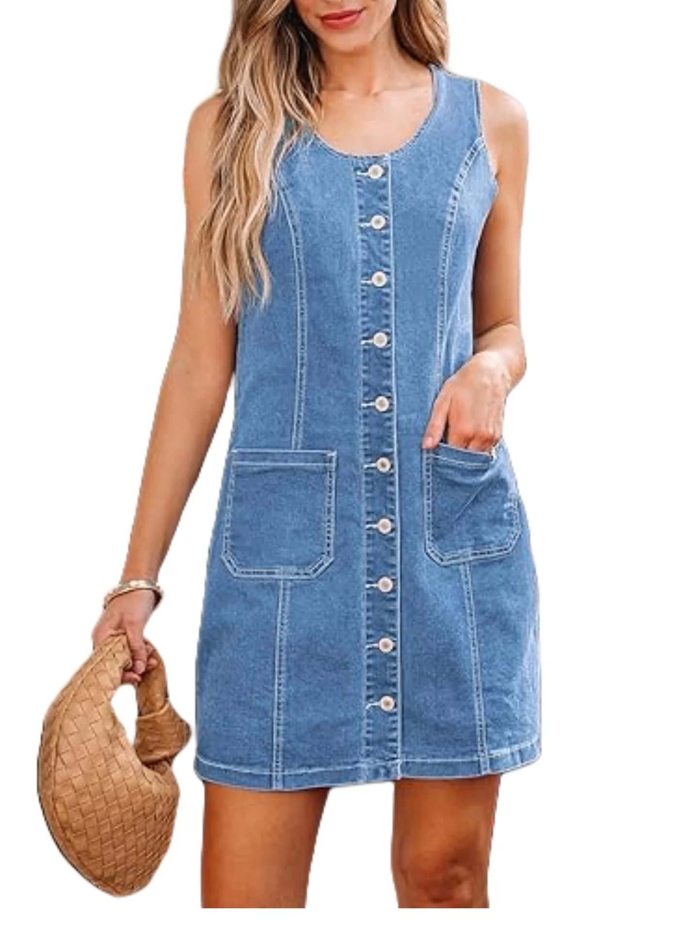 Sleeveless, Fitted Denim Button-down Short Dress With Patch Pockets - Image 5