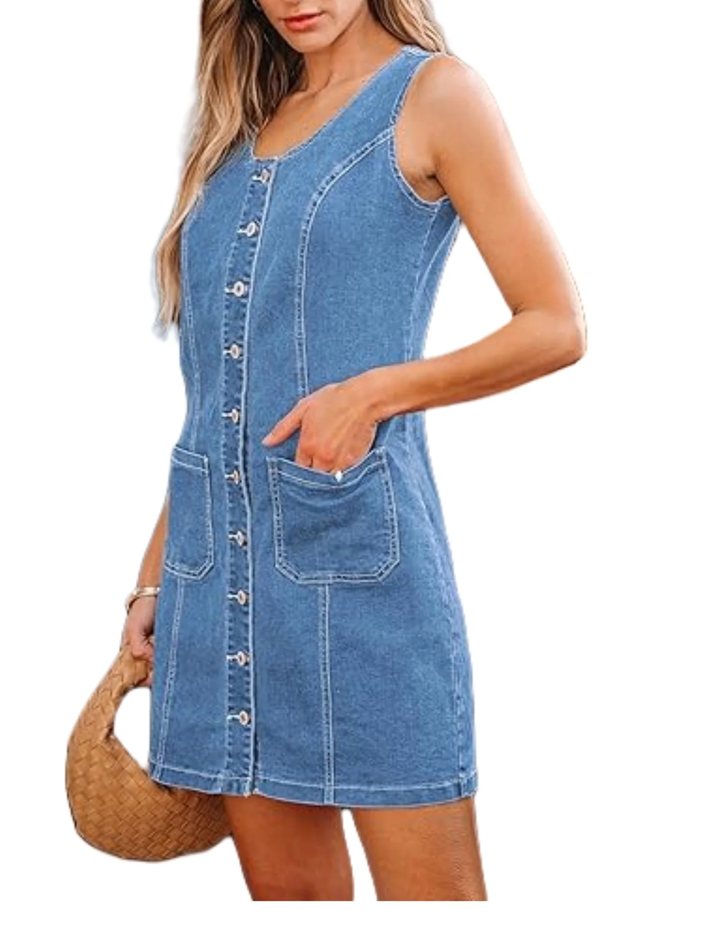 Sleeveless, Fitted Denim Button-down Short Dress With Patch Pockets - Image 6