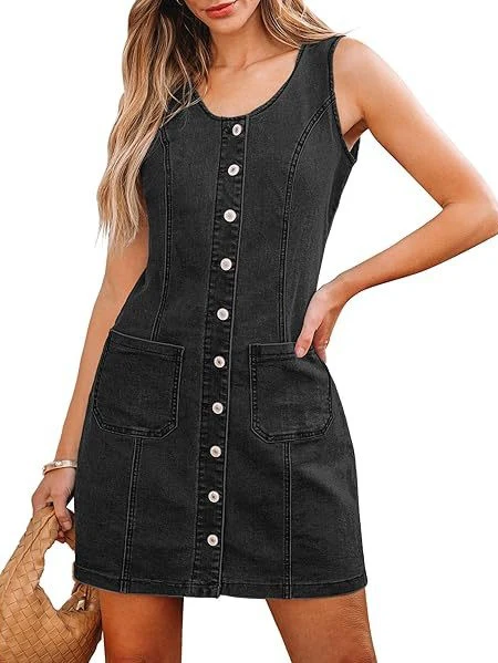 Sleeveless, Fitted Denim Button-down Short Dress With Patch Pockets - Image 8
