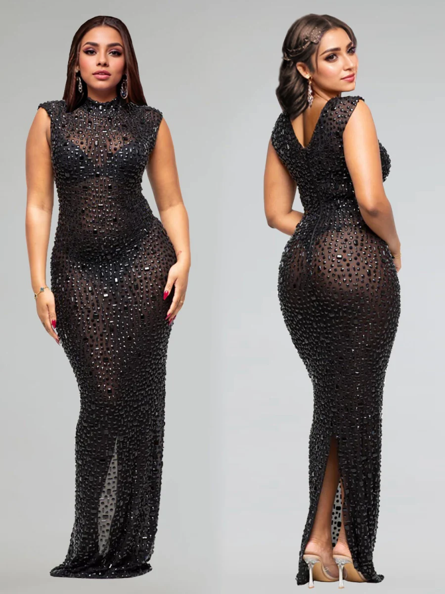 Rhinestone-studded Hip-hugging Parties Maxi Dresses