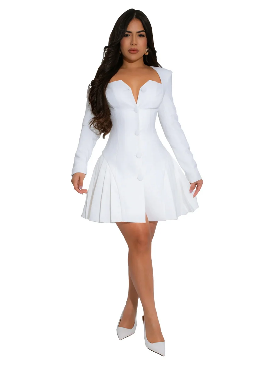V-neck Button Big Swing Mini&Short Dresses - Image 5