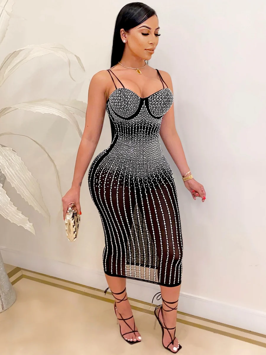 Hip-hugging Rhinestone-studded Midi Dresses