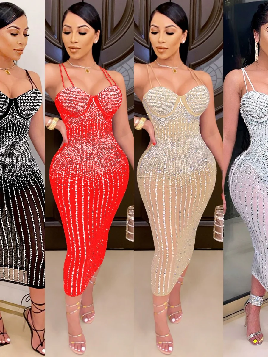 Hip-hugging Rhinestone-studded Midi Dresses - Image 2