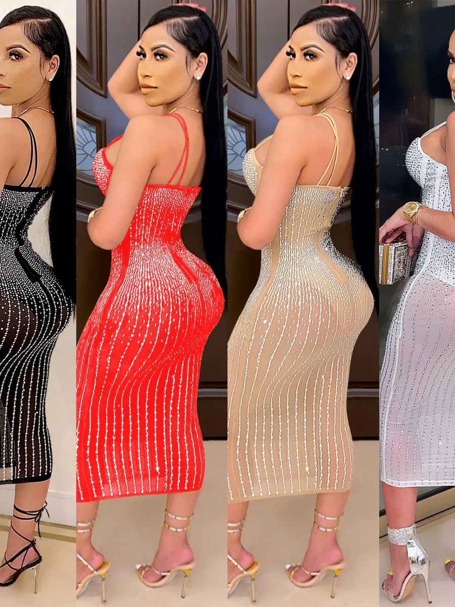 Hip-hugging Rhinestone-studded Midi Dresses - Image 3