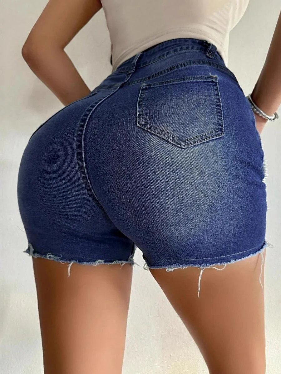High-waisted, Slimming Pearl Chain Ripped Denim Shorts - Image 2