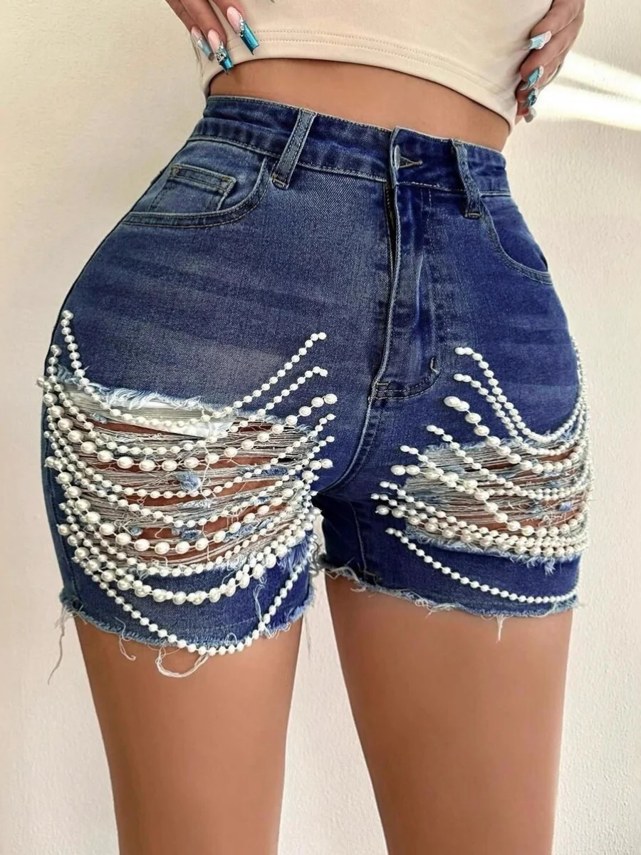 High-waisted, Slimming Pearl Chain Ripped Denim Shorts - Image 3