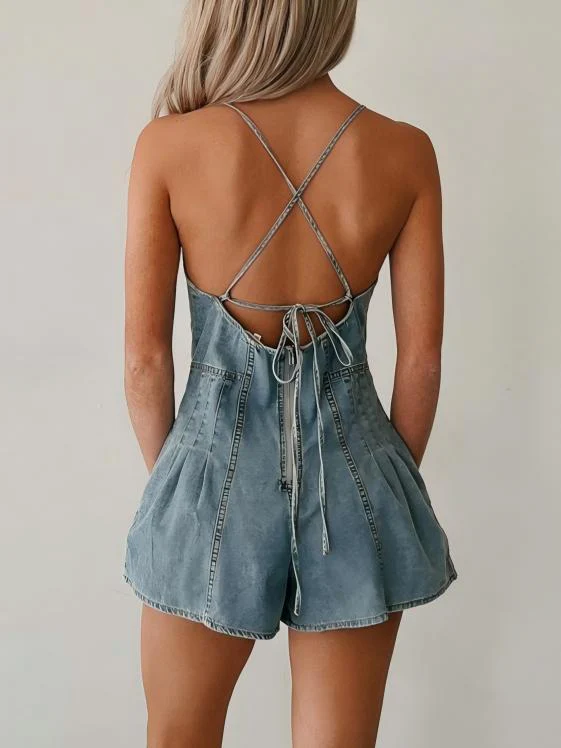 Loose Denim Jumpsuit With Ribbon Bow - Image 3