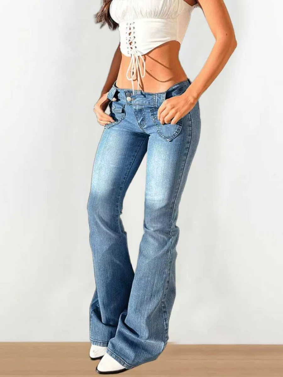 Washed Slim-fit High Stretch Low-rise Flared Jeans - Image 11