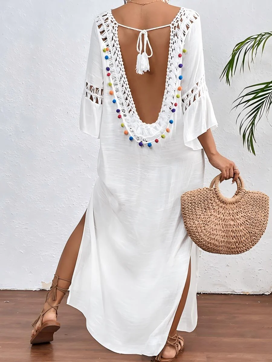 Hand-crocheted Patchwork Colorful Pom-poms Sexy Hollow-out Backless Loose Beachwear - Image 2