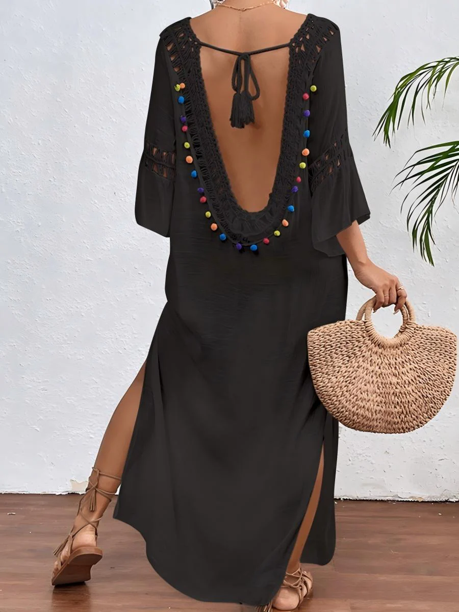 Hand-crocheted Patchwork Colorful Pom-poms Sexy Hollow-out Backless Loose Beachwear - Image 7