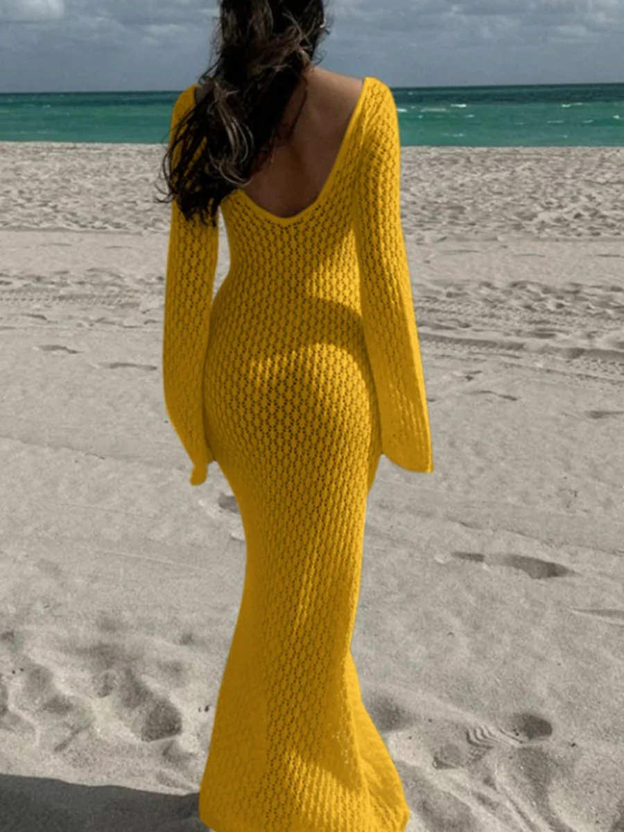V-neck Round Button Long-sleeved Vacation Maxi Dress/beach Wear - Image 10