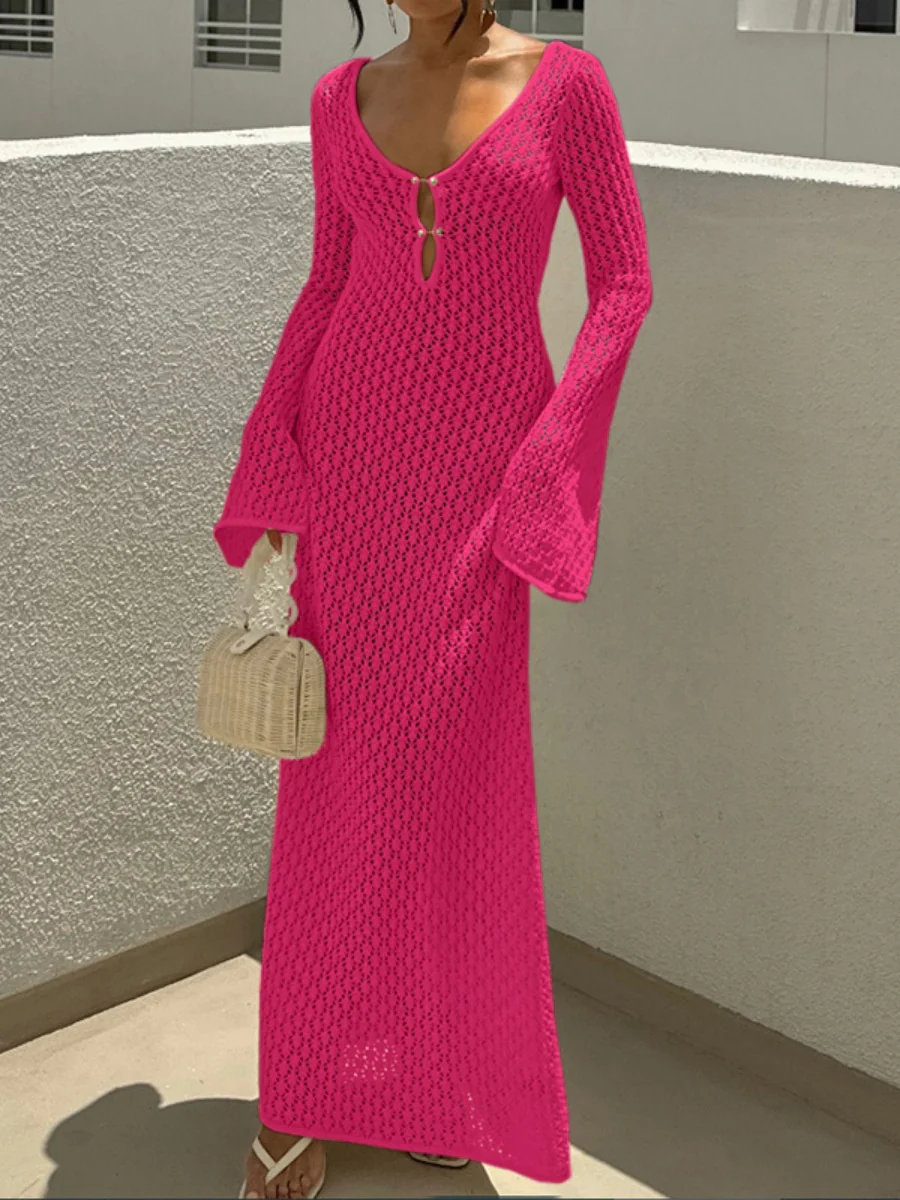 V-neck Round Button Long-sleeved Vacation Maxi Dress/beach Wear - Image 11