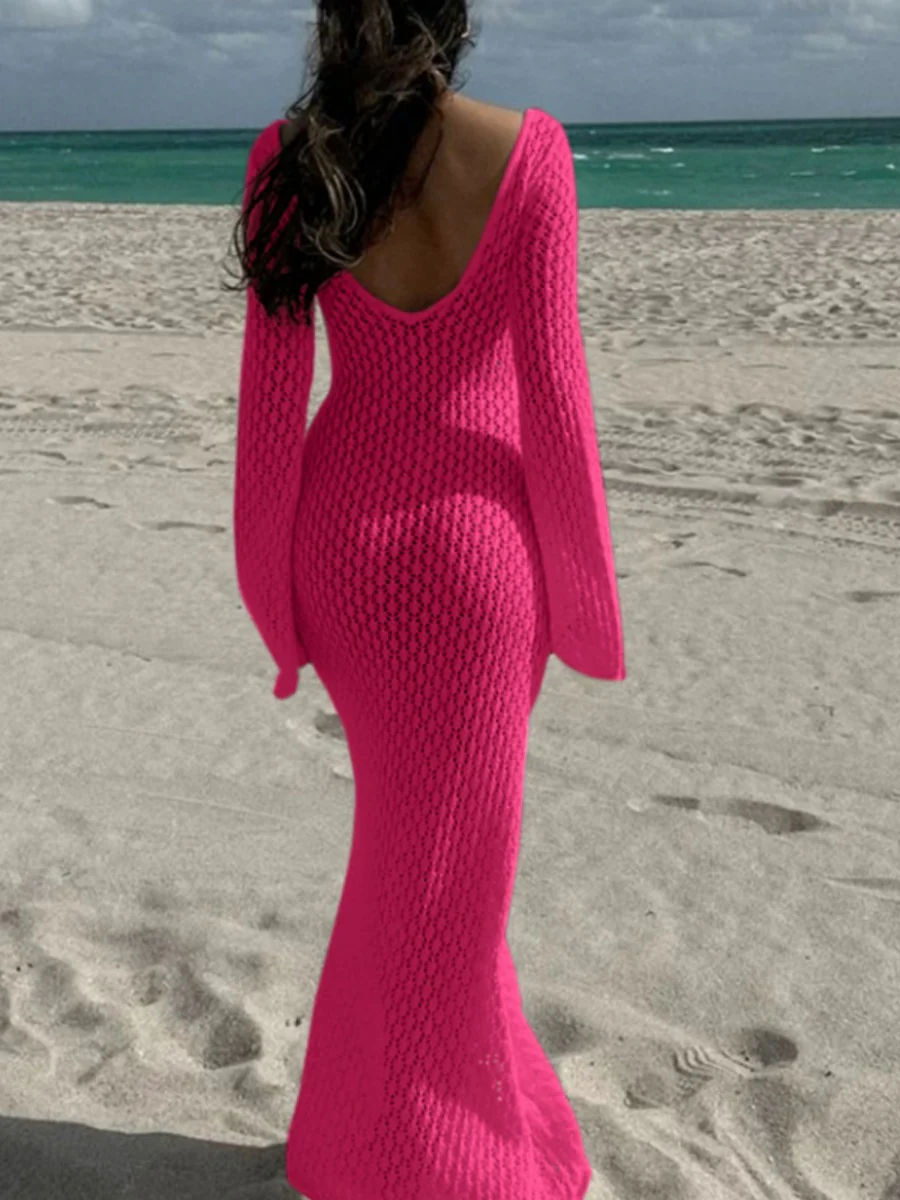 V-neck Round Button Long-sleeved Vacation Maxi Dress/beach Wear - Image 12
