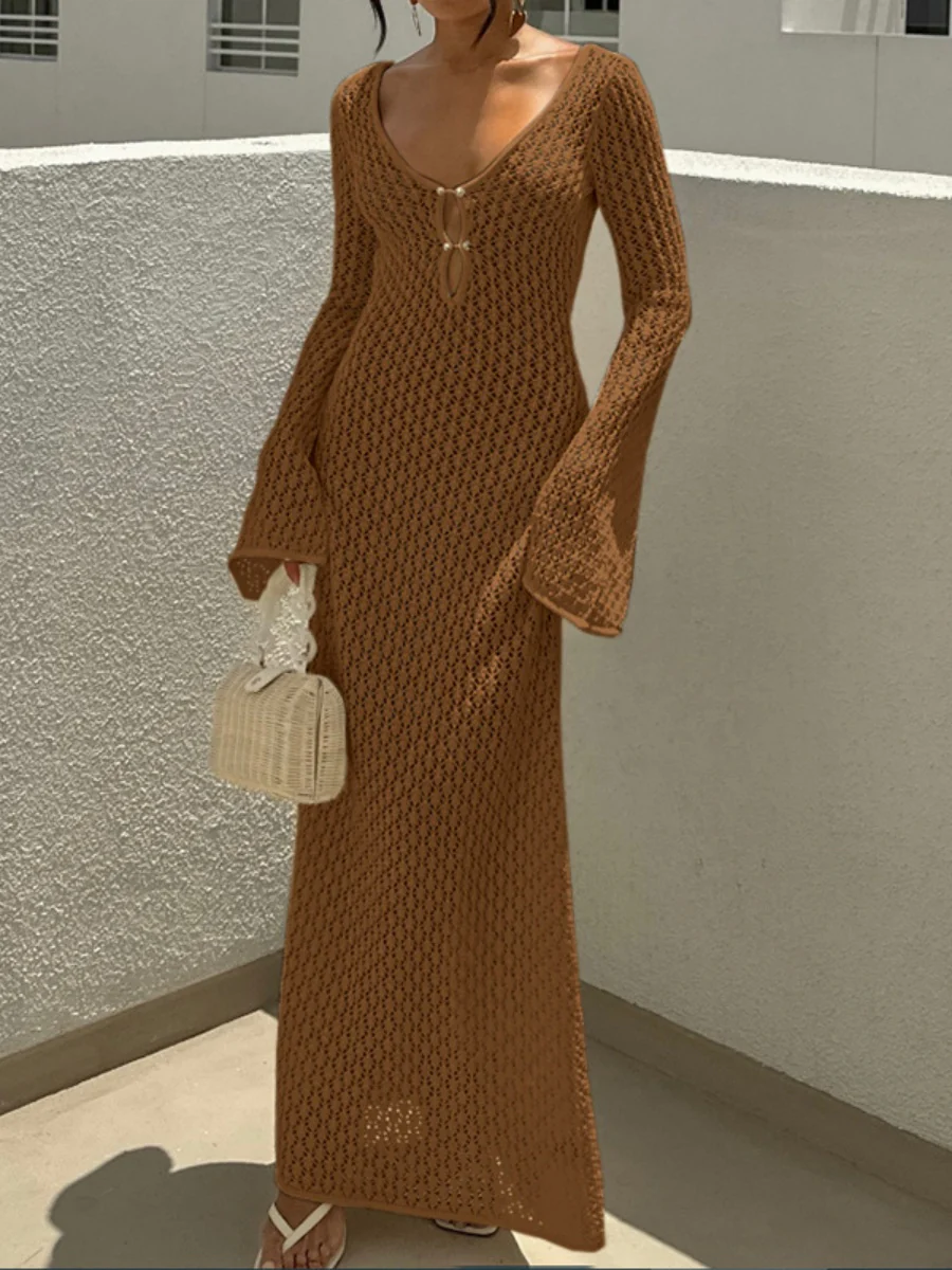 V-neck Round Button Long-sleeved Vacation Maxi Dress/beach Wear - Image 13