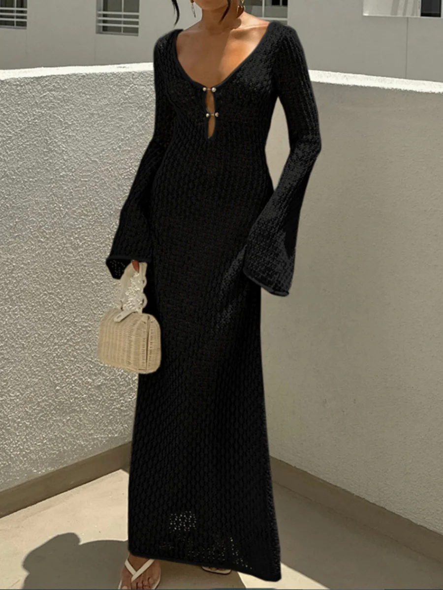 V-neck Round Button Long-sleeved Vacation Maxi Dress/beach Wear - Image 3