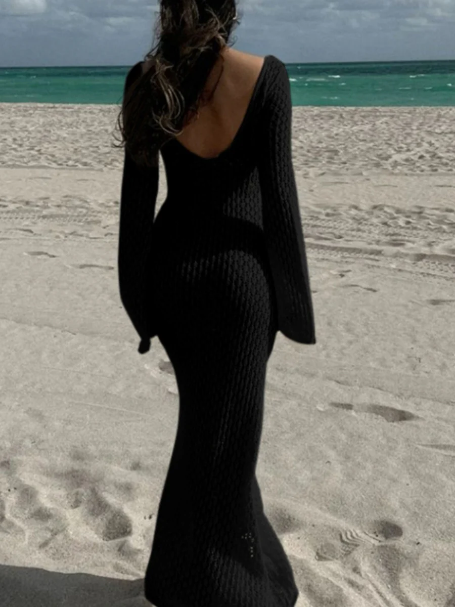 V-neck Round Button Long-sleeved Vacation Maxi Dress/beach Wear - Image 4