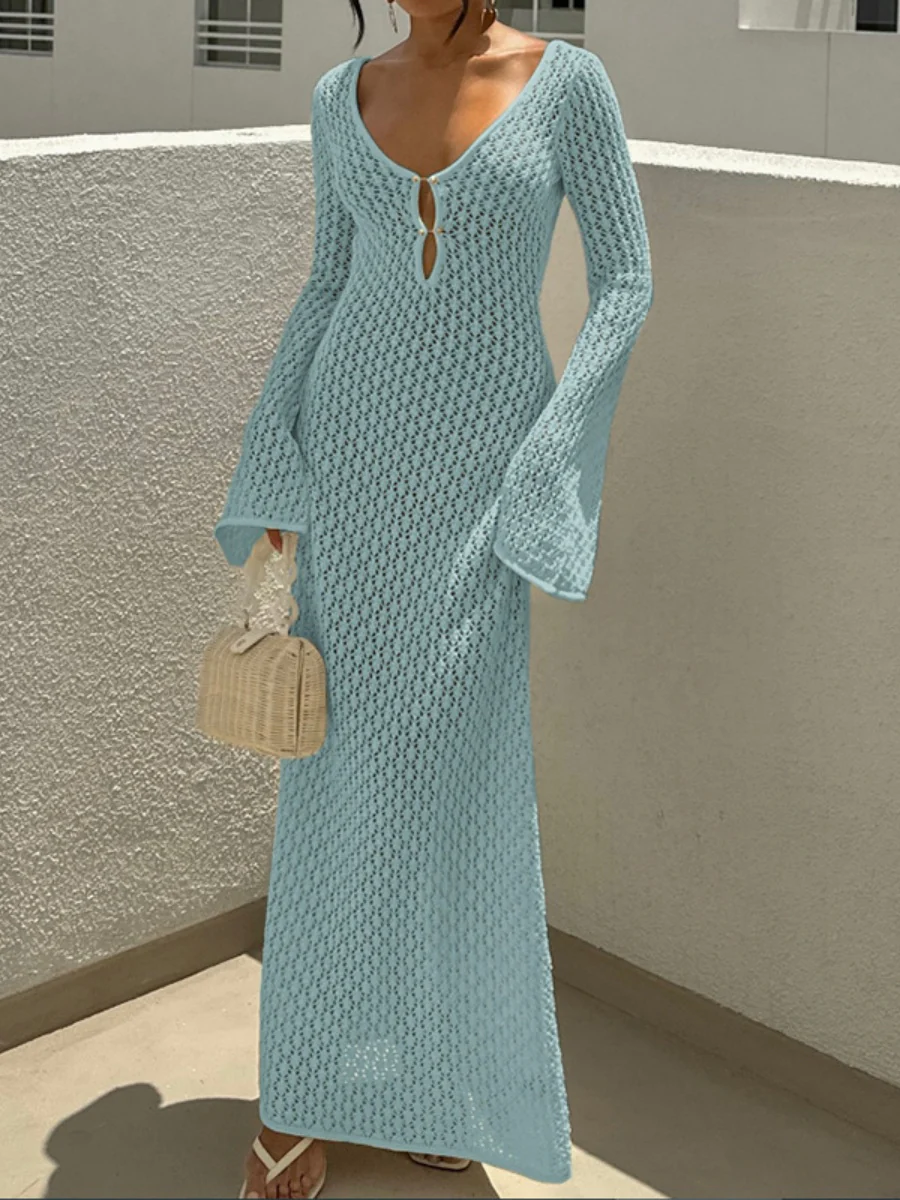 V-neck Round Button Long-sleeved Vacation Maxi Dress/beach Wear - Image 5