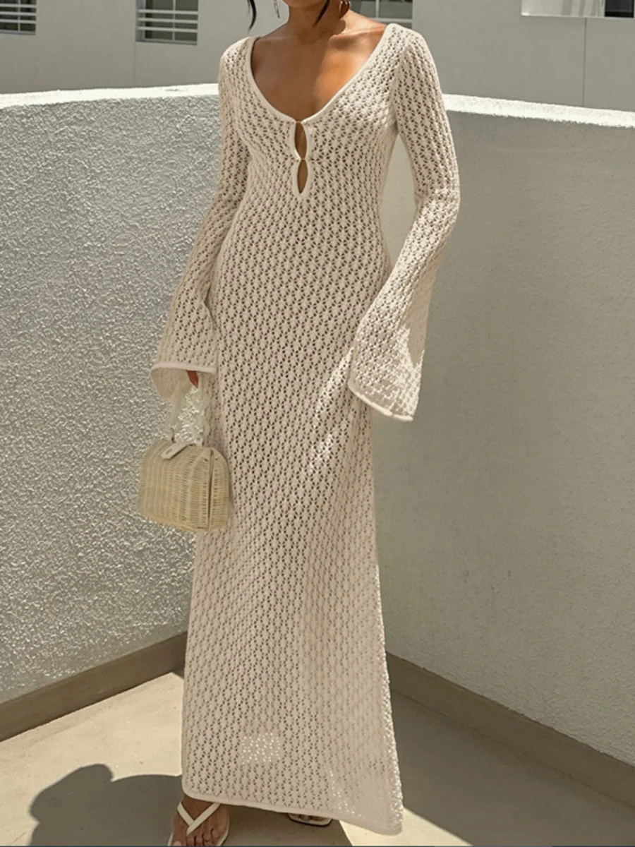 V-neck Round Button Long-sleeved Vacation Maxi Dress/beach Wear - Image 7