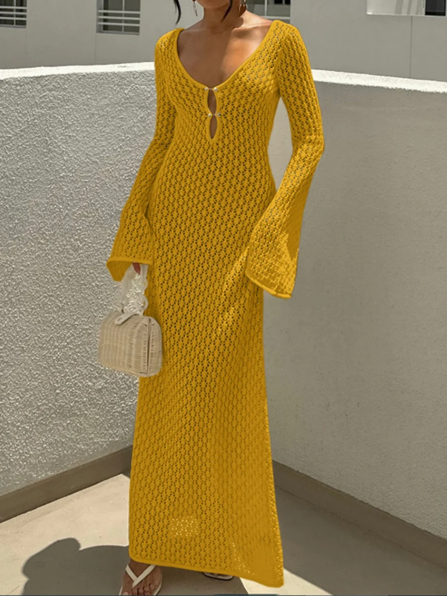 V-neck Round Button Long-sleeved Vacation Maxi Dress/beach Wear - Image 9