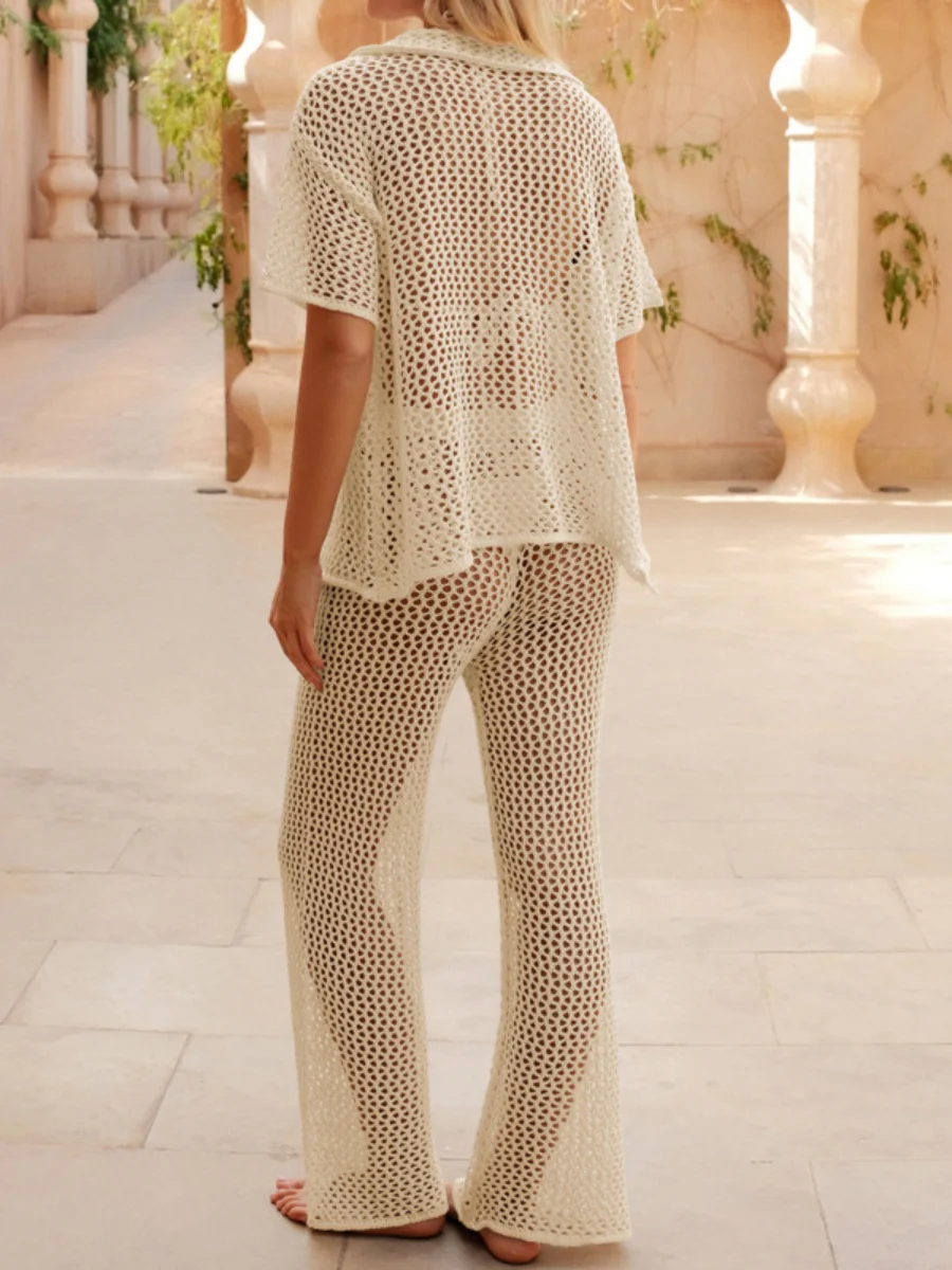 Loose-fitting Short-sleeved Shirt, Casual Trousers, See-through Cutout Sexy Vacation Sun Protection Beachwear - Image 6
