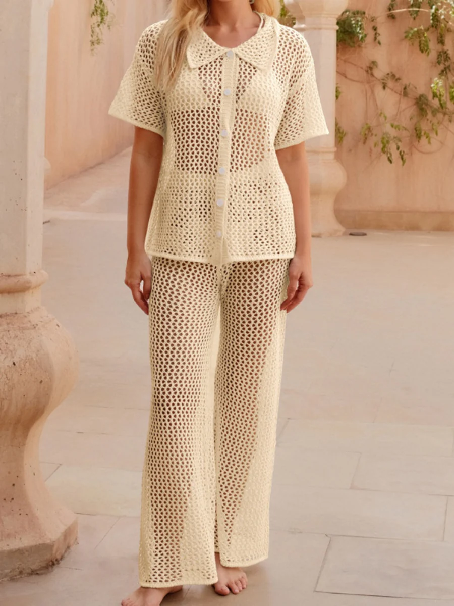 Loose-fitting Short-sleeved Shirt, Casual Trousers, See-through Cutout Sexy Vacation Sun Protection Beachwear - Image 7