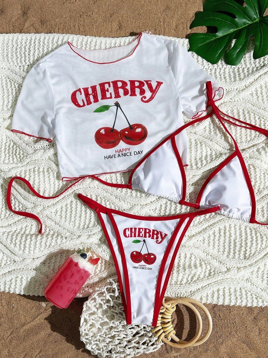 Cherry Print Lace-Up Bikini Three-Piece Set