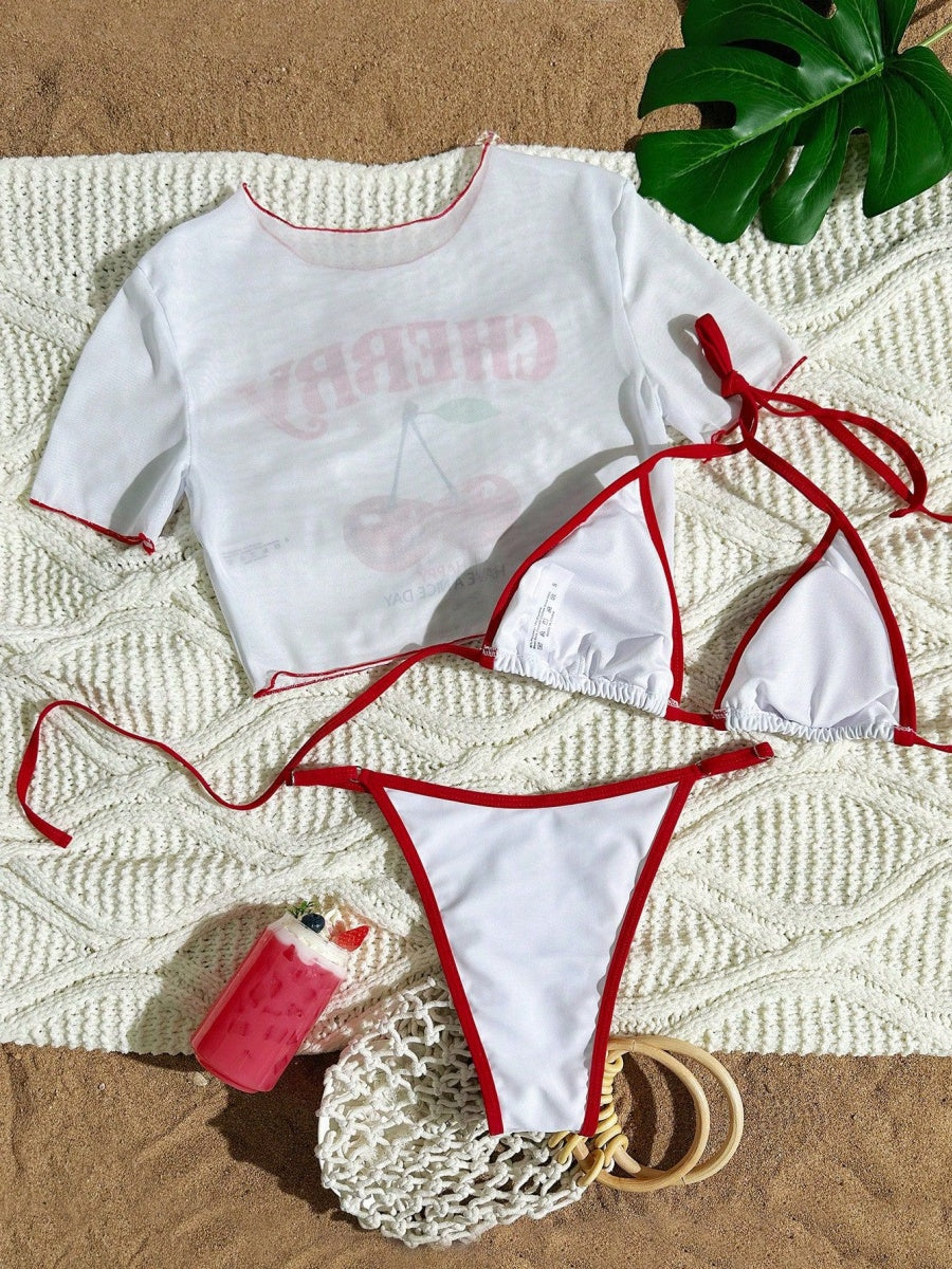 Cherry Print Lace-Up Bikini Three-Piece Set - Image 2