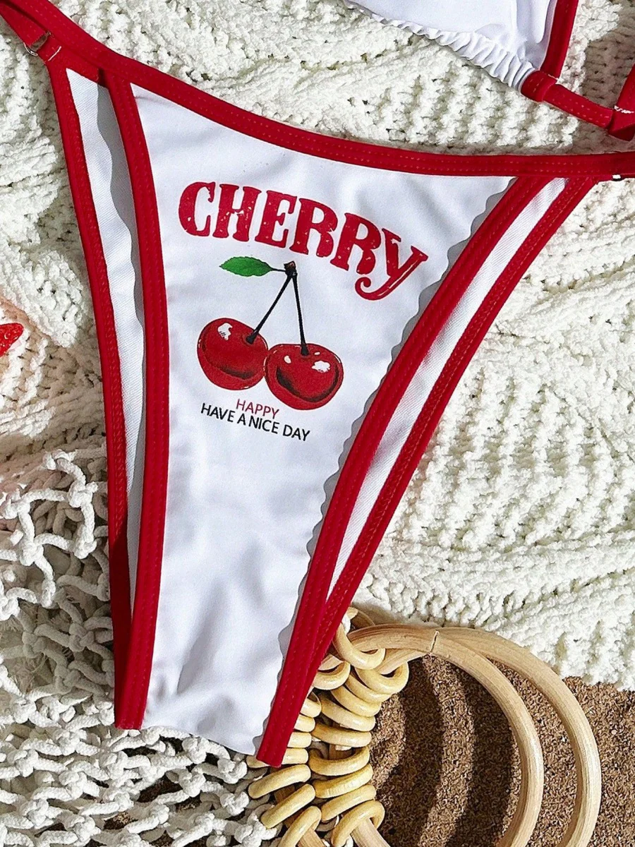 Cherry Print Lace-Up Bikini Three-Piece Set - Image 3