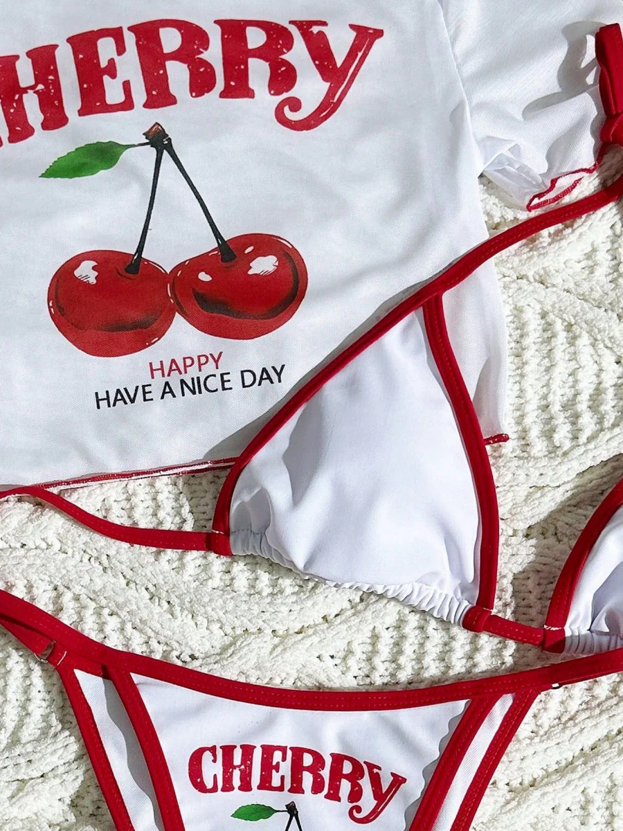 Cherry Print Lace-Up Bikini Three-Piece Set - Image 4