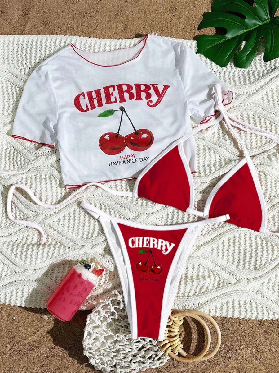 Cherry Print Lace-Up Bikini Three-Piece Set - Image 6