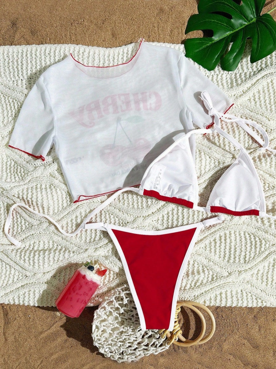 Cherry Print Lace-Up Bikini Three-Piece Set - Image 7