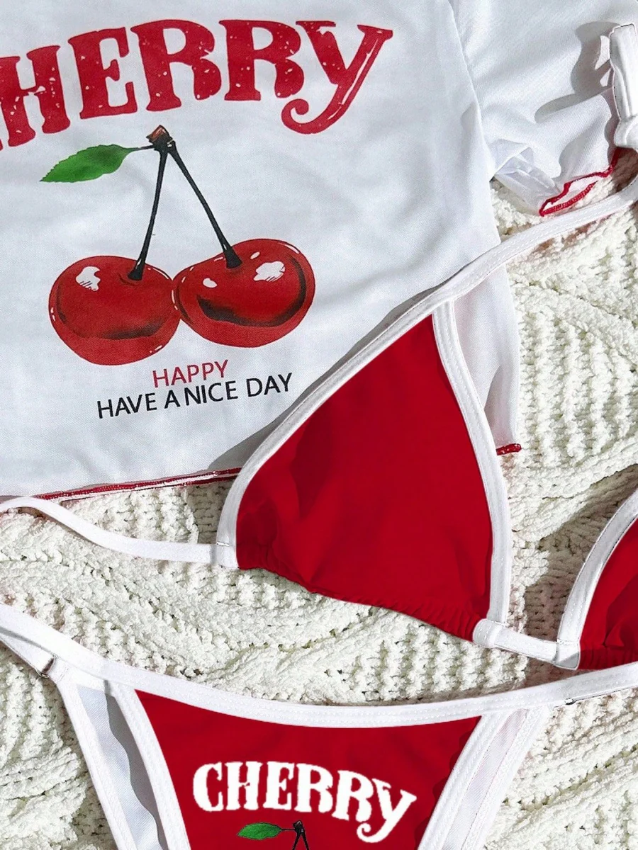 Cherry Print Lace-Up Bikini Three-Piece Set - Image 8