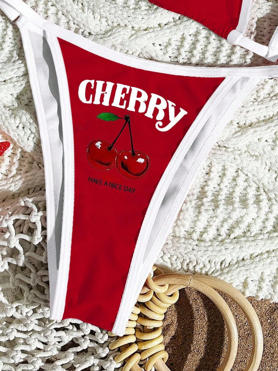 Cherry Print Lace-Up Bikini Three-Piece Set - Image 9