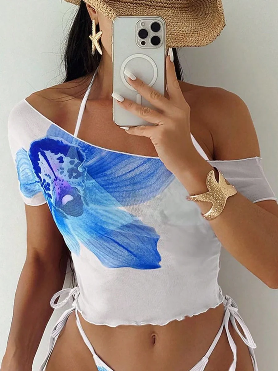 Finalized Floral Print Tie-up Bikini Three-piece Set - Image 12