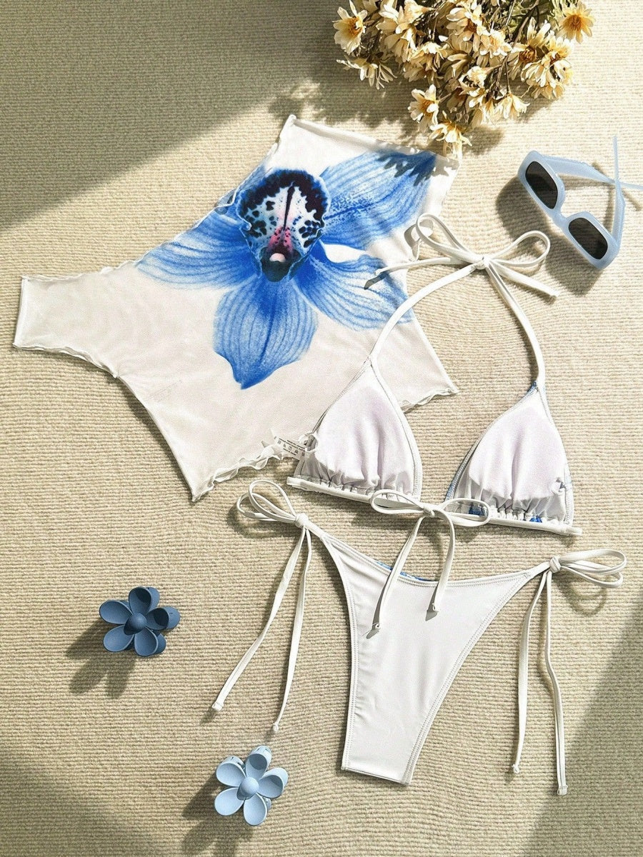 Finalized Floral Print Tie-up Bikini Three-piece Set - Image 13