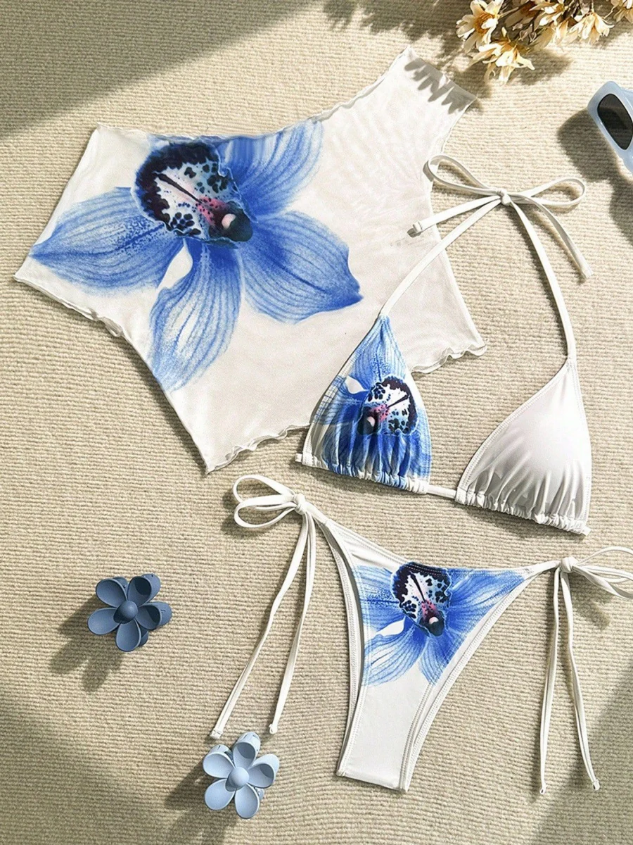 Finalized Floral Print Tie-up Bikini Three-piece Set - Image 14