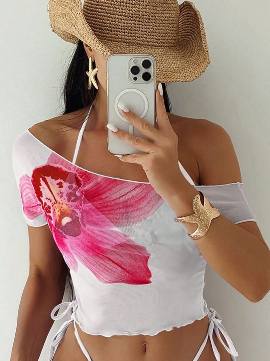 Finalized Floral Print Tie-up Bikini Three-piece Set - Image 17