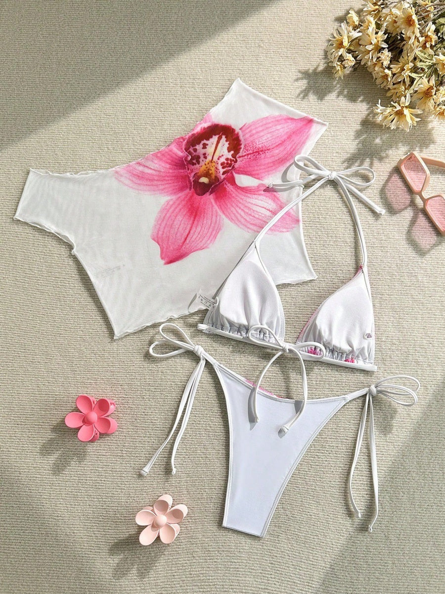 Finalized Floral Print Tie-up Bikini Three-piece Set - Image 18