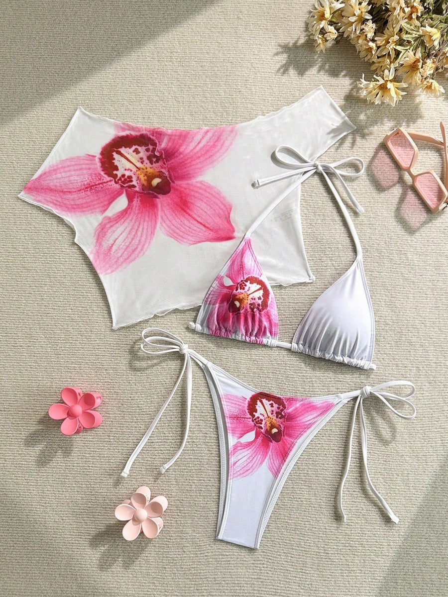 Finalized Floral Print Tie-up Bikini Three-piece Set - Image 19