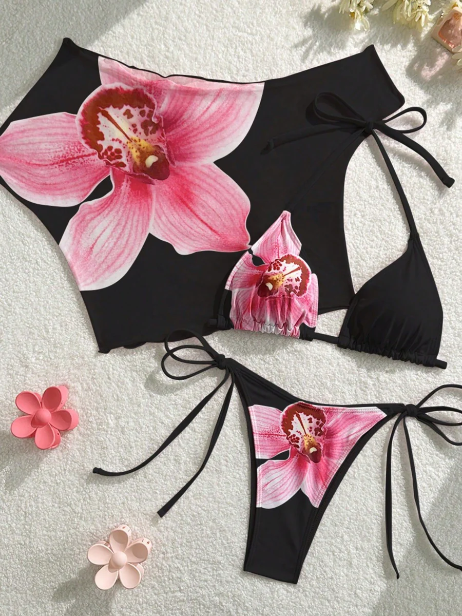 Finalized Floral Print Tie-up Bikini Three-piece Set - Image 24