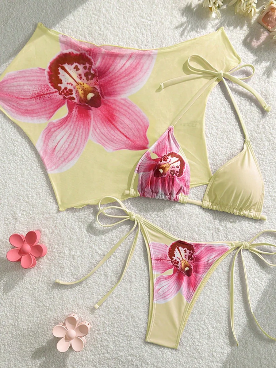 Finalized Floral Print Tie-up Bikini Three-piece Set - Image 28