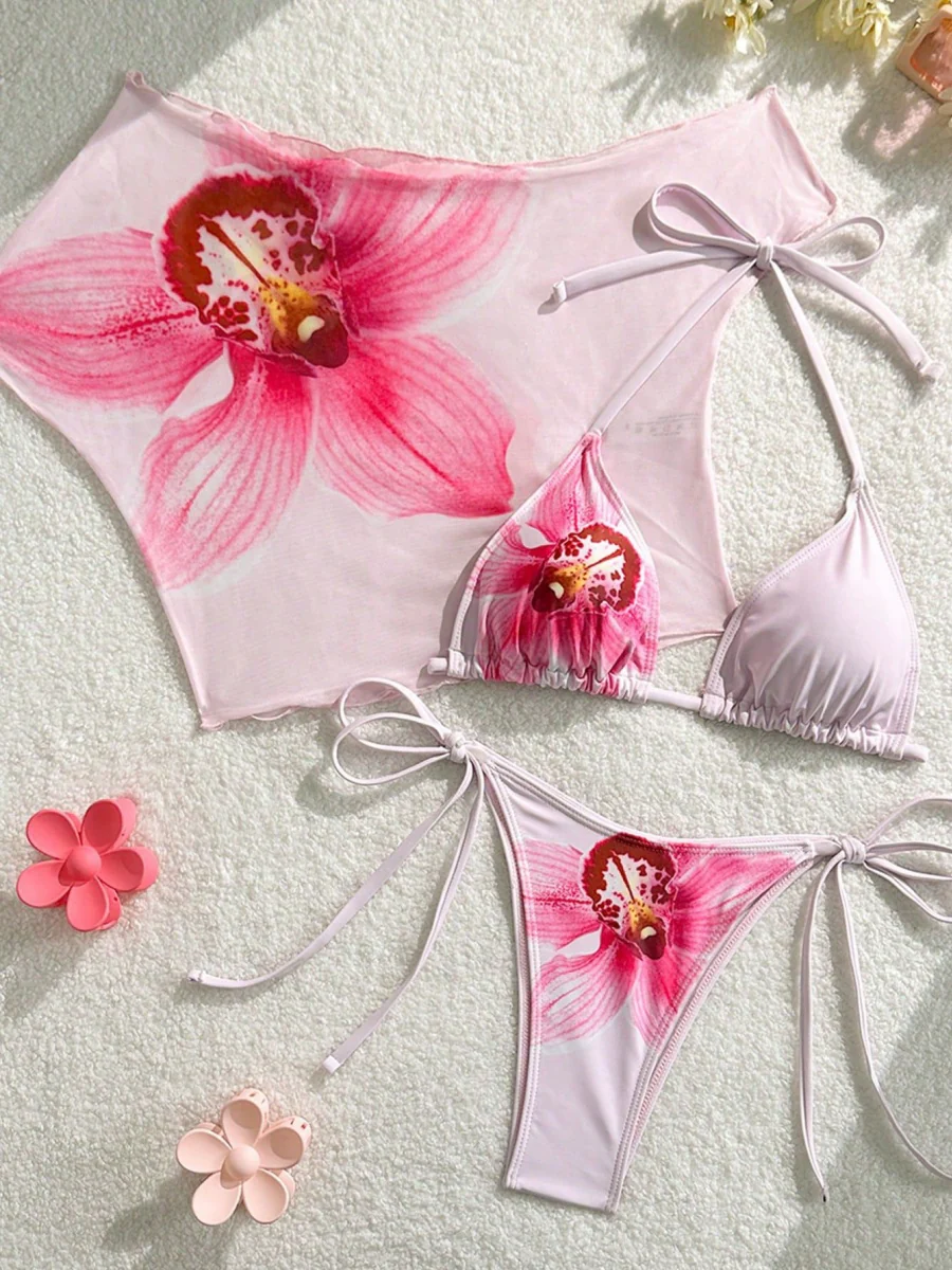 Finalized Floral Print Tie-up Bikini Three-piece Set - Image 4