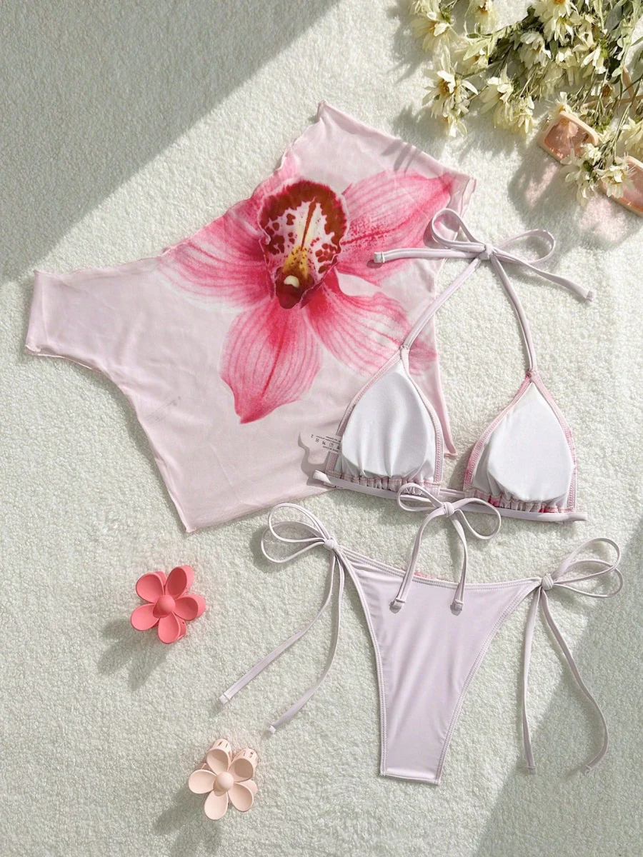 Finalized Floral Print Tie-up Bikini Three-piece Set - Image 5