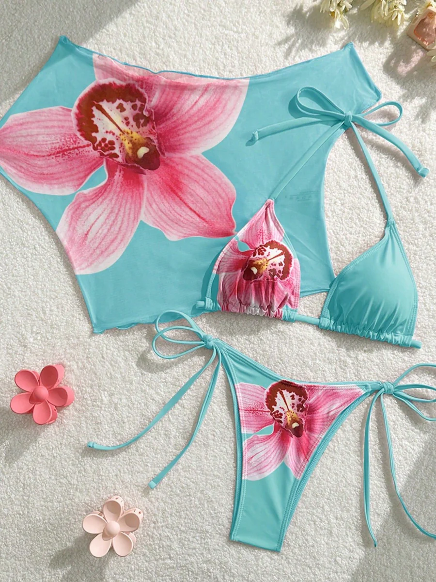 Finalized Floral Print Tie-up Bikini Three-piece Set - Image 8