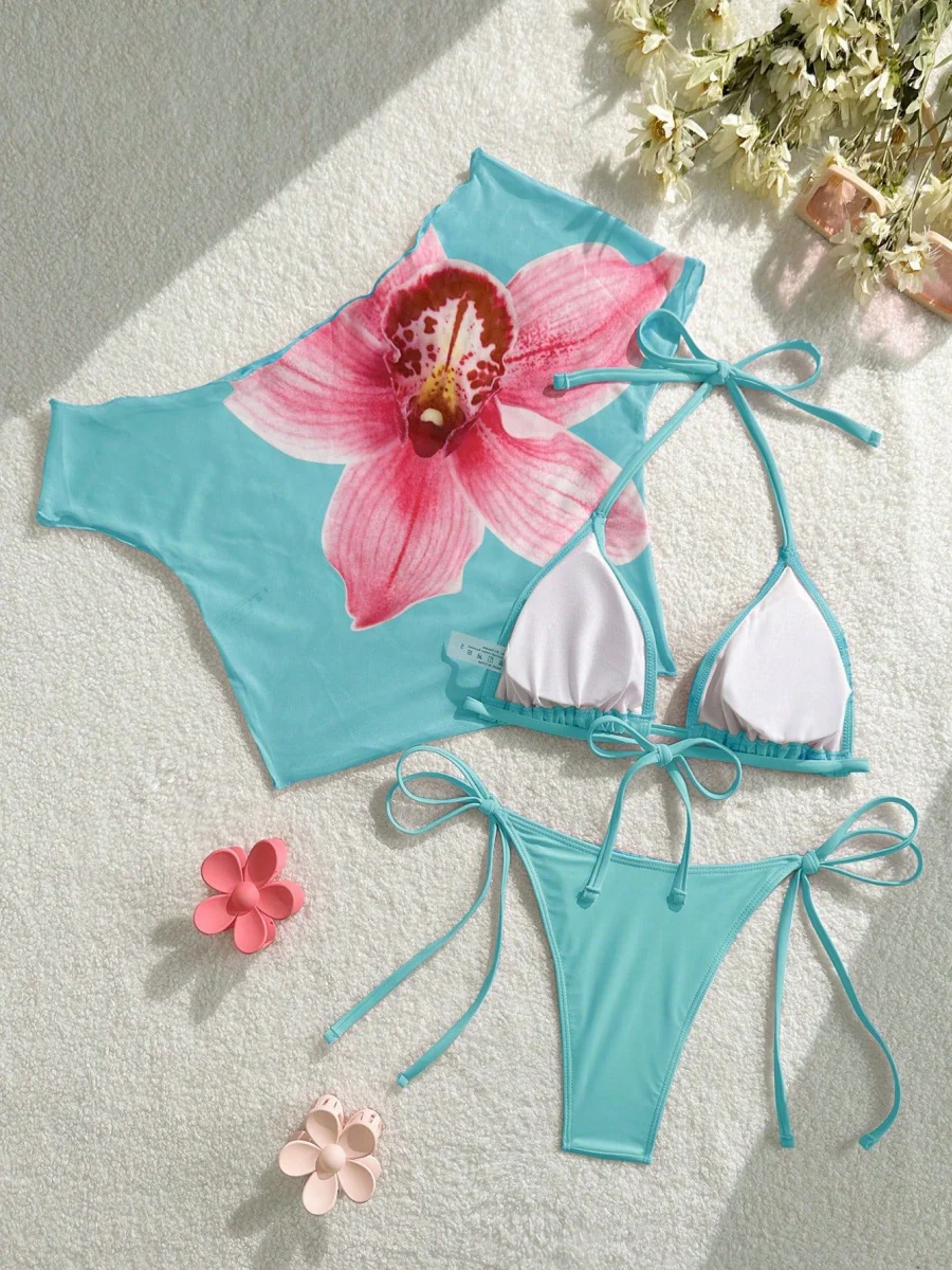 Finalized Floral Print Tie-up Bikini Three-piece Set - Image 9