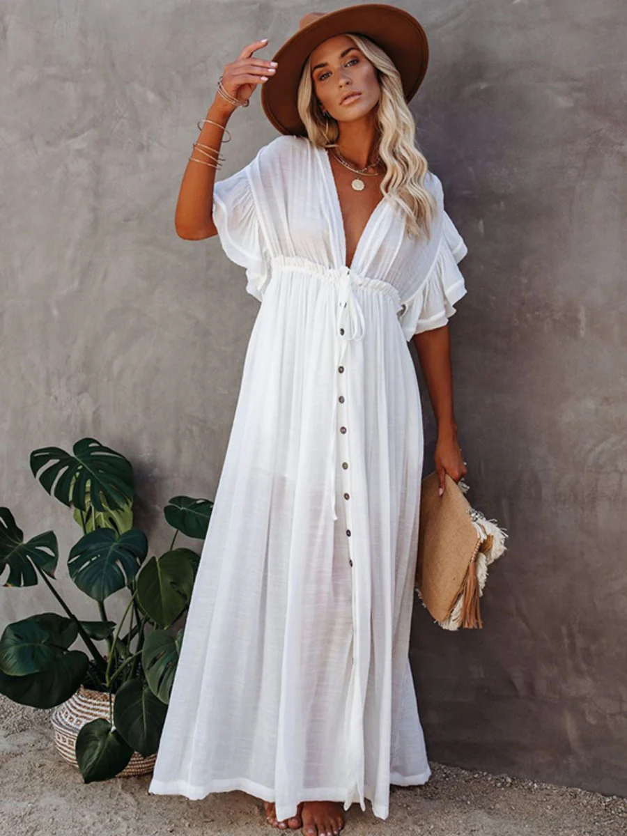 Bamboo-joint Fabric Button Waist Rope Long Cardigan Vacation Beach Jacket Sun Protection Long Skirt Bikini Cover-up