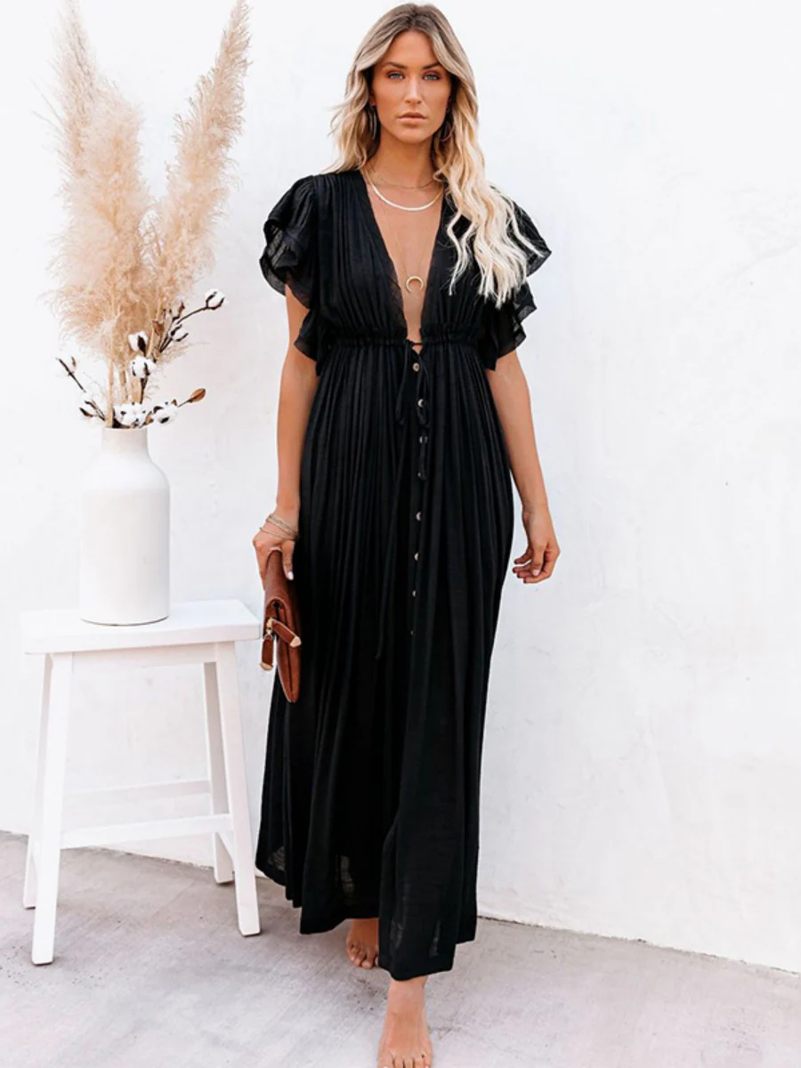 Bamboo-joint Fabric Button Waist Rope Long Cardigan Vacation Beach Jacket Sun Protection Long Skirt Bikini Cover-up - Image 10