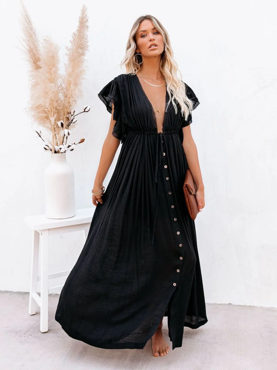 Bamboo-joint Fabric Button Waist Rope Long Cardigan Vacation Beach Jacket Sun Protection Long Skirt Bikini Cover-up - Image 11